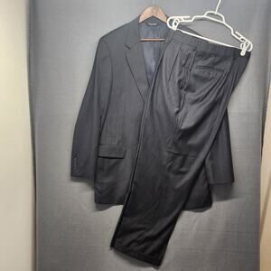 Jos A Bank Mens Suit Navy Blue 100% Wool Jacket 44L Pants 38x30 Pleated Cuffed